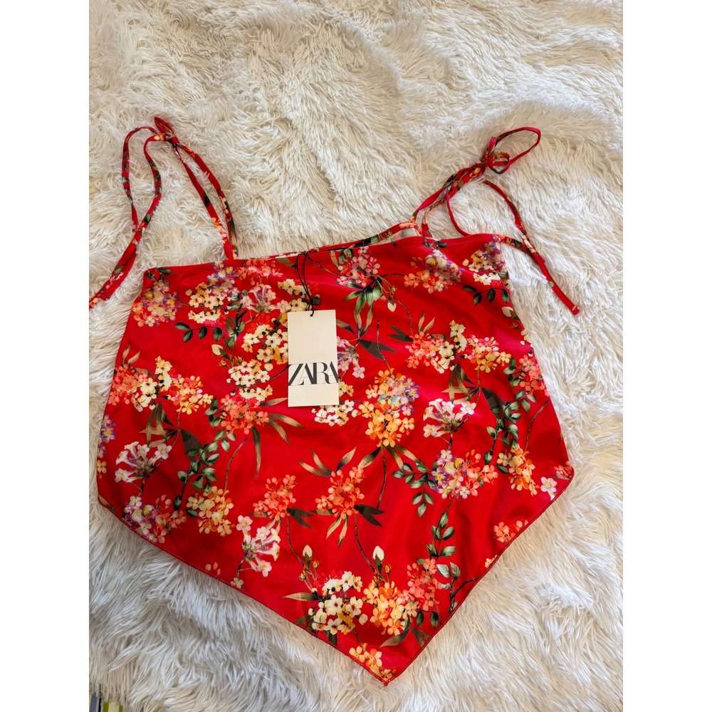 Zara Floral Scarf Top Red Handkerchief Hem Tie Strap Cami Medium 5580/007